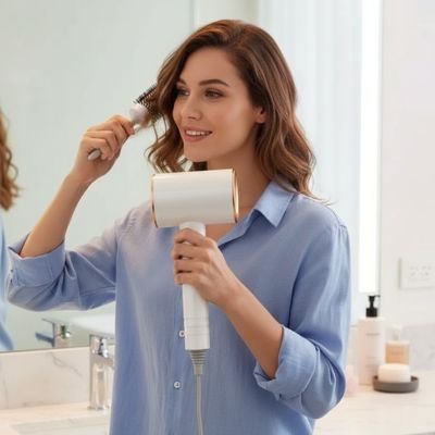 femme souriante utilise Seche cheveux ionique 