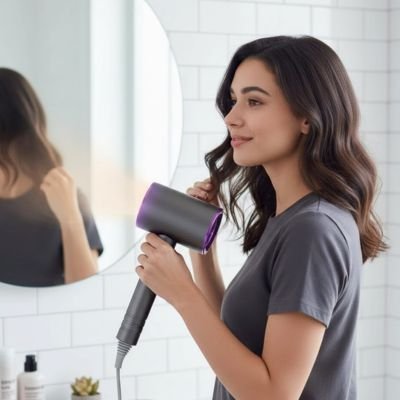 femme tient Seche cheveux ionique pour cheveux dans mains